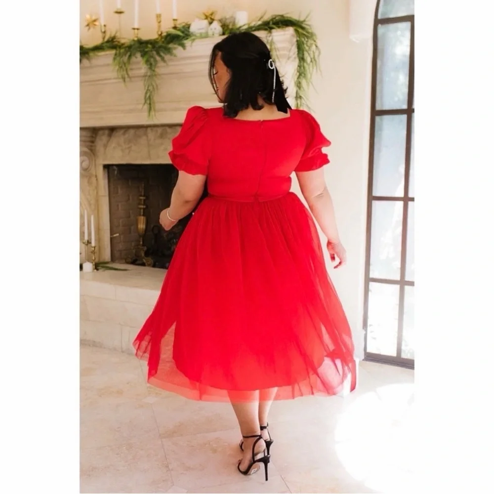 Ivy City Co. Ballerina Midi Dress in Red Size 3X Tulle Puff Sleeve Fit & Flare